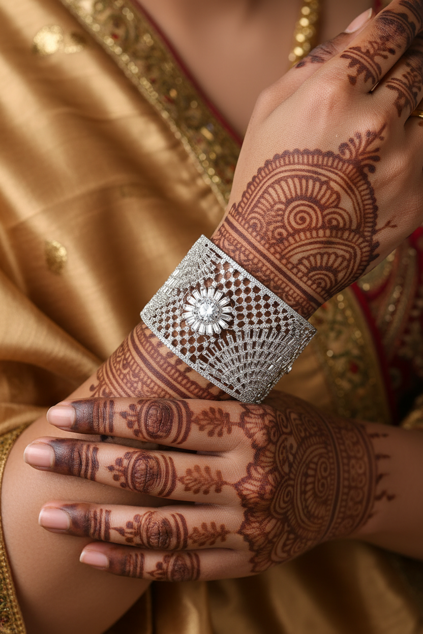 Close-up of hands with intricate mehndi designs and silver diamond bracelet on gold Indian ethnic wear