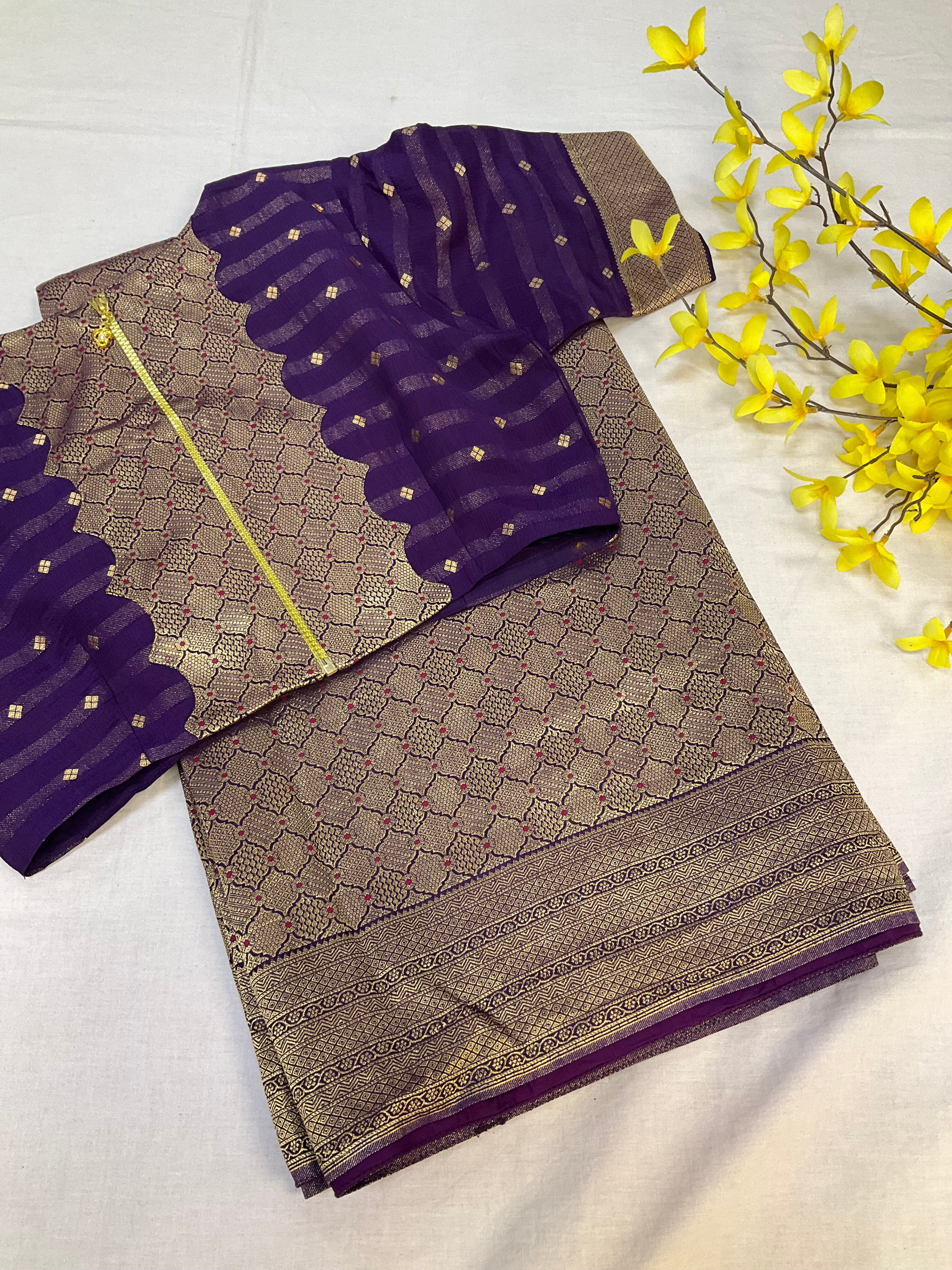 Purple Benarasi saree with stitched blouse