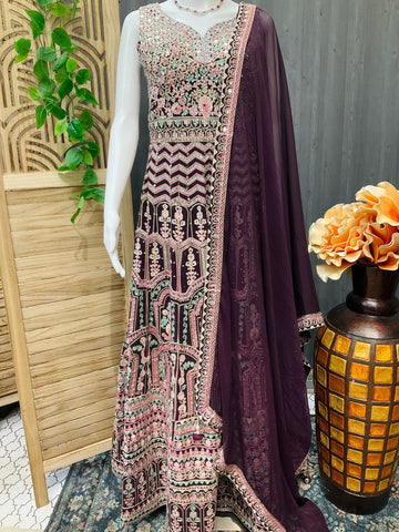 Wine Georgette Party Dress Size 36 | Heavy Embroidery Long Gown with Mirrors