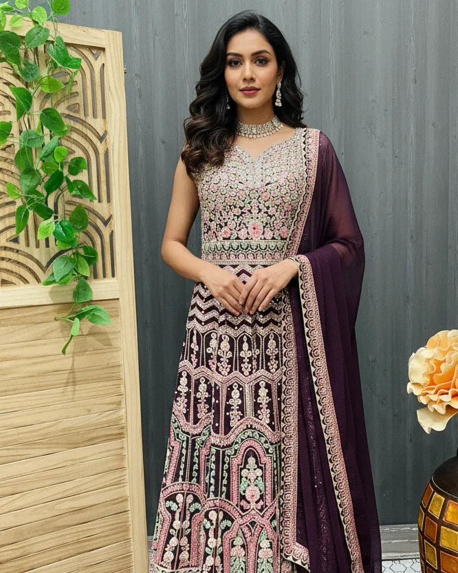 Woman in traditional outfit standing next to a decorative vase with flowers against a gray wall.