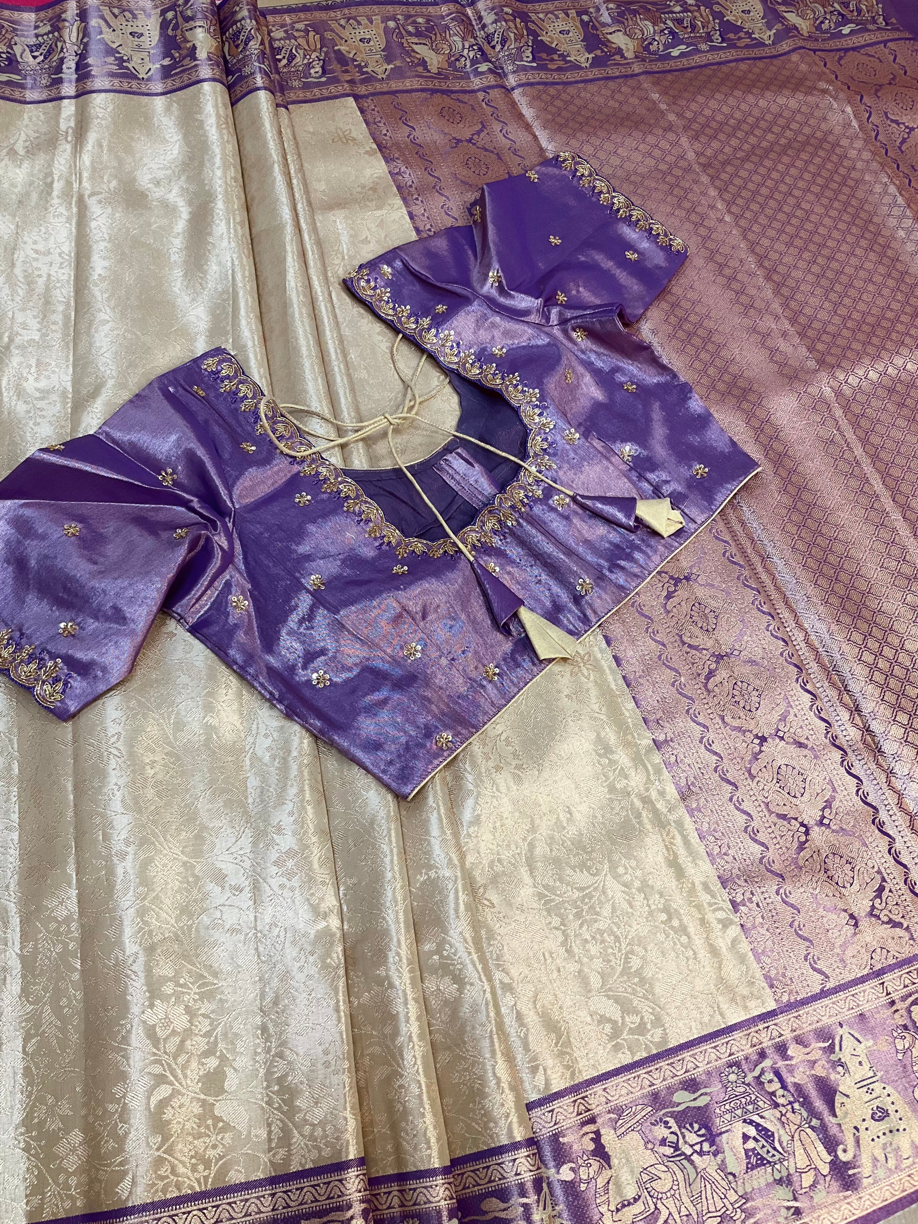 Half White Semi Kanjeevaram Saree with Stitched Maggam Blouse