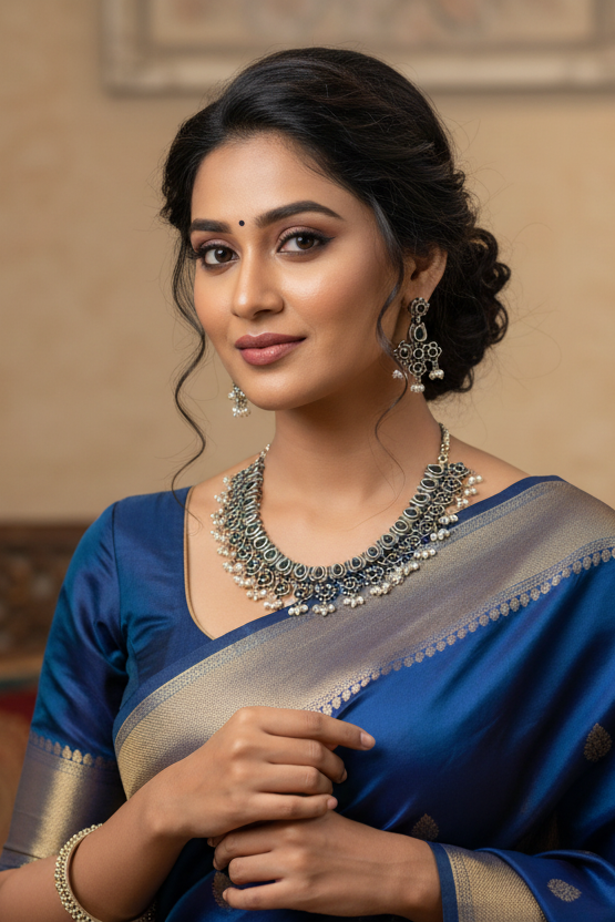 Elegant Indian woman in blue silk saree with silver jewelry and traditional makeup, showcasing ethnic fashion