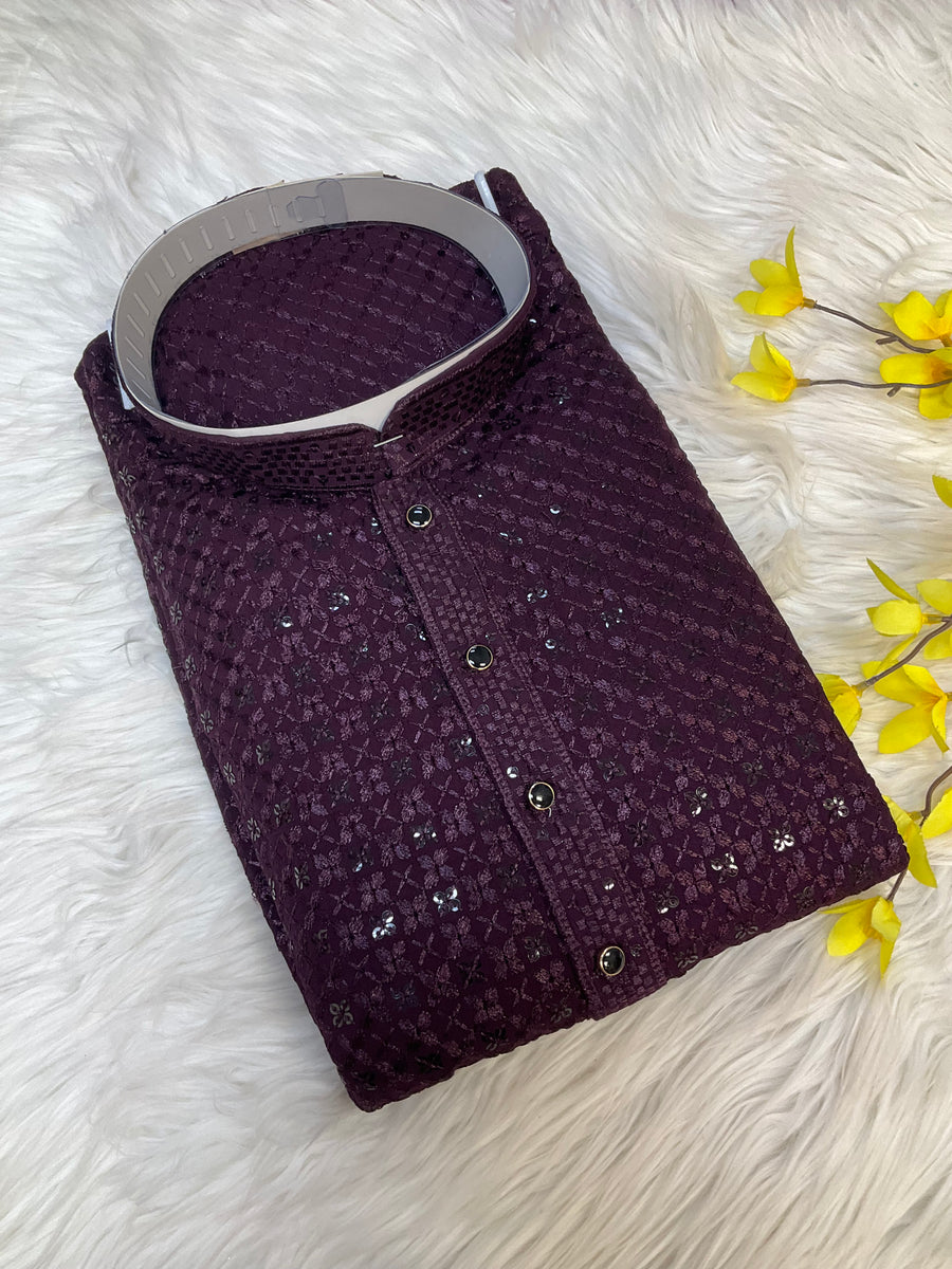 Wine Rayon Chikankari Kurta sets