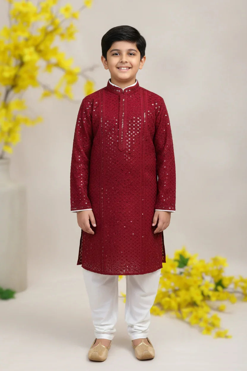 Red Boys Sequence Kurta Set - Premium Embroidered Ethnic Wear