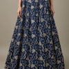 Blue Indian ethnic lehenga skirt with gold floral embroidery, worn with matching blouse