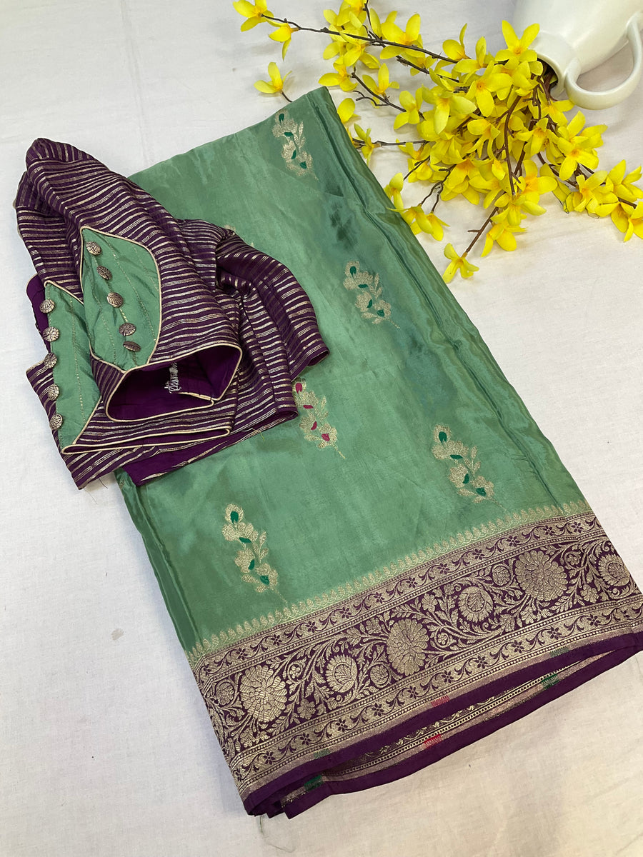 Mint Green Benarasi Silk saree with Stitched Blouse