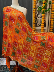 Phulkari Dupatta with Real Mirror Work - Traditional Embroidery
