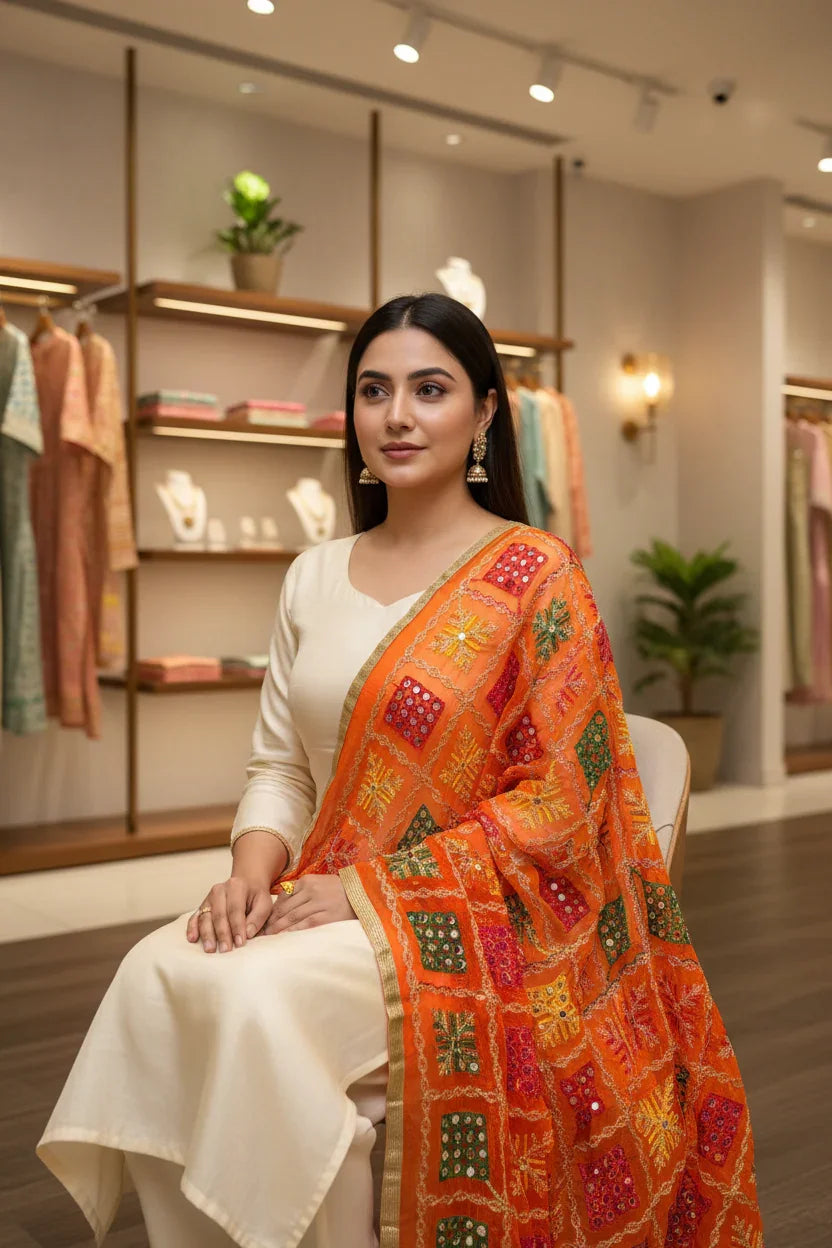 Woman in elegant white kurta with vibrant orange embroidered dupatta in a boutique showcasing Indian ethnic wear