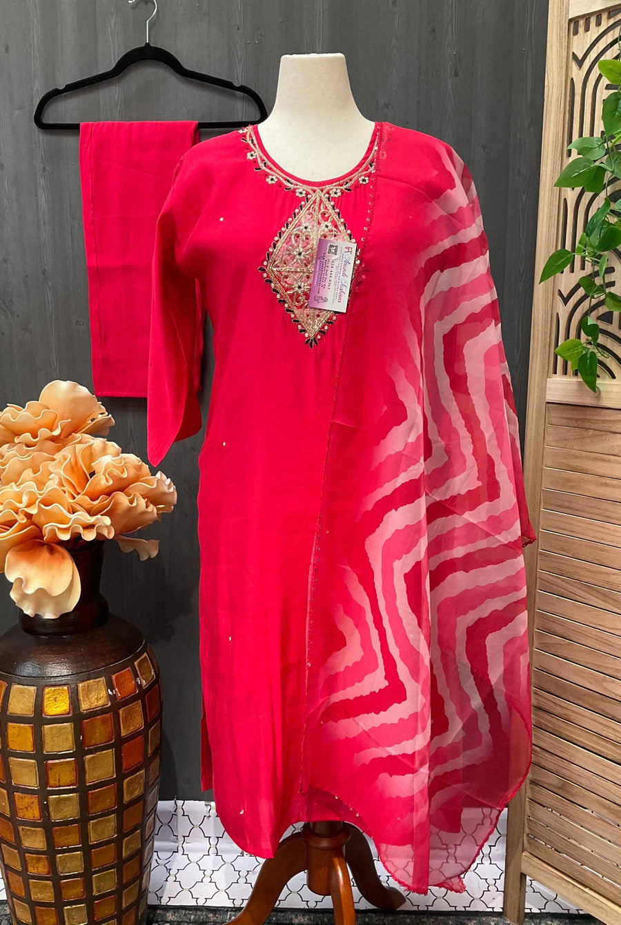 Plus Size Pink Roman Silk Kurti Set - Party Wear