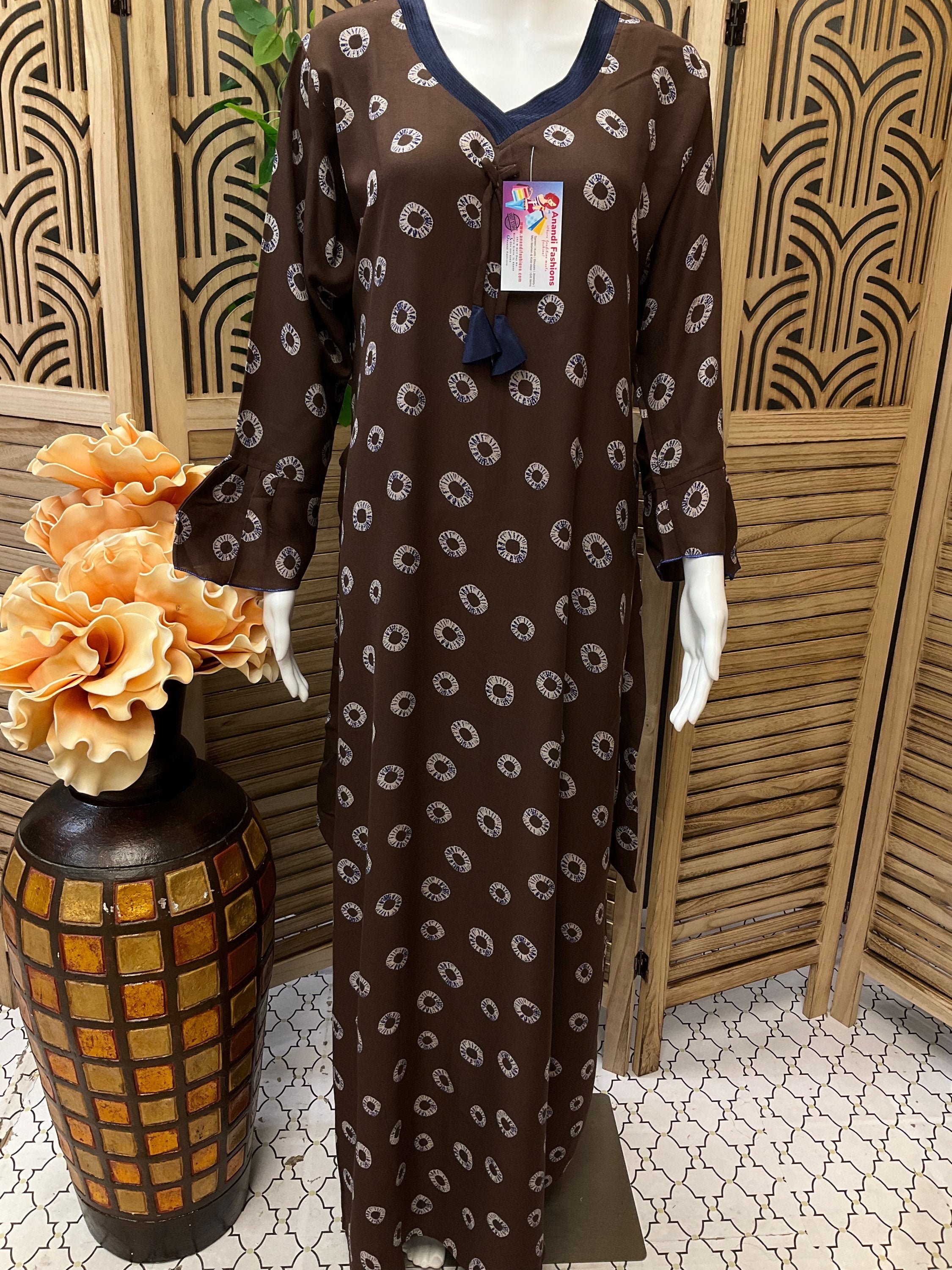 Indian Nighties - Brown color-Rayon nighty long sleeves with side pocket image 1