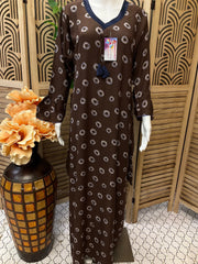 Indian Nighties - Brown color-Rayon nighty long sleeves with side pocket