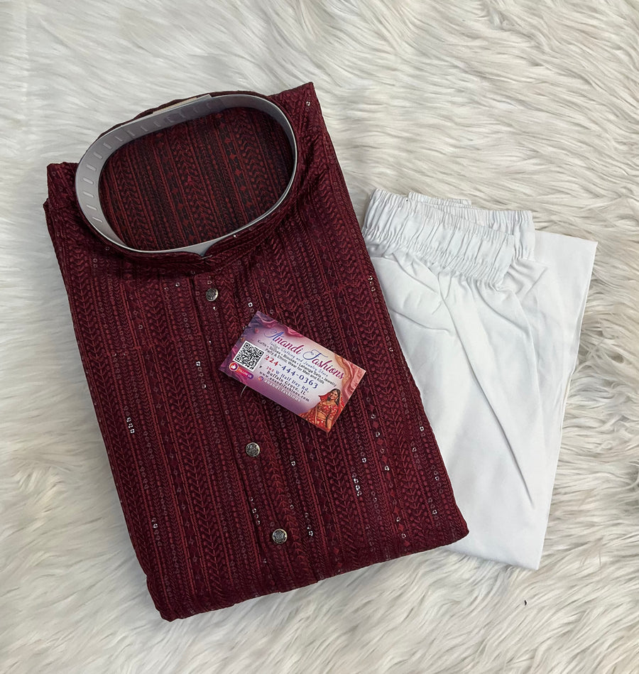 Maroon Mens Chikankari kurta set