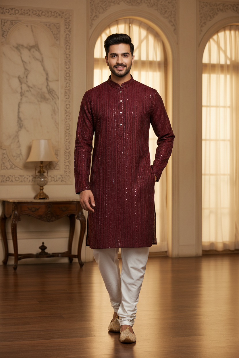 Maroon Mens Chikankari kurta set
