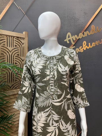 Green cotton Kurti- Leaf Pattern