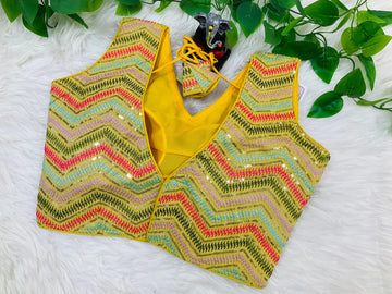 Fancy Yellow Blouse with tread sequence work fits size 38(upto 40)
