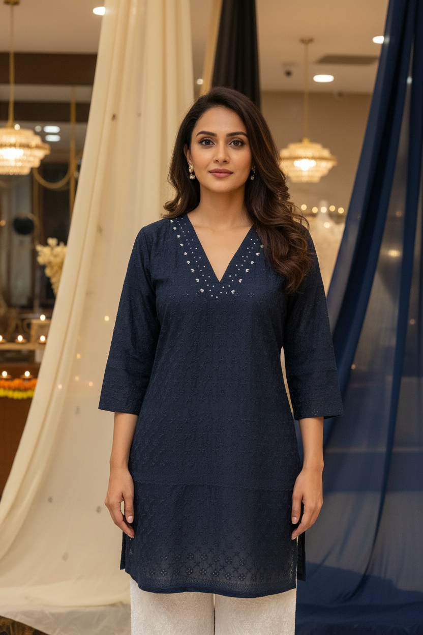 Navy Blue Chikankari Short Kurti