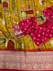 Unique Pattern - Mustard yellow Russian Silk saree with Stitched Blouse