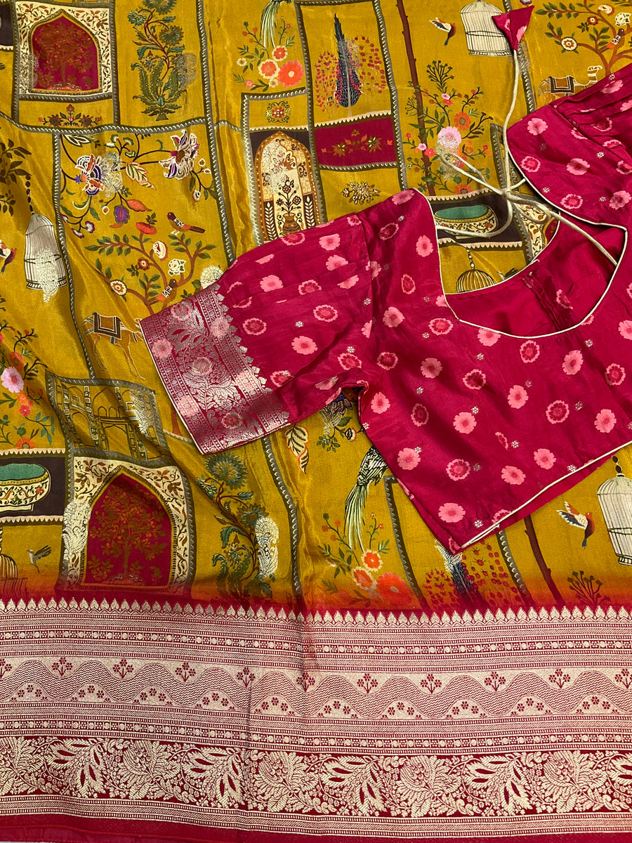 Unique Pattern - Mustard yellow Russian Silk saree with Stitched Blouse