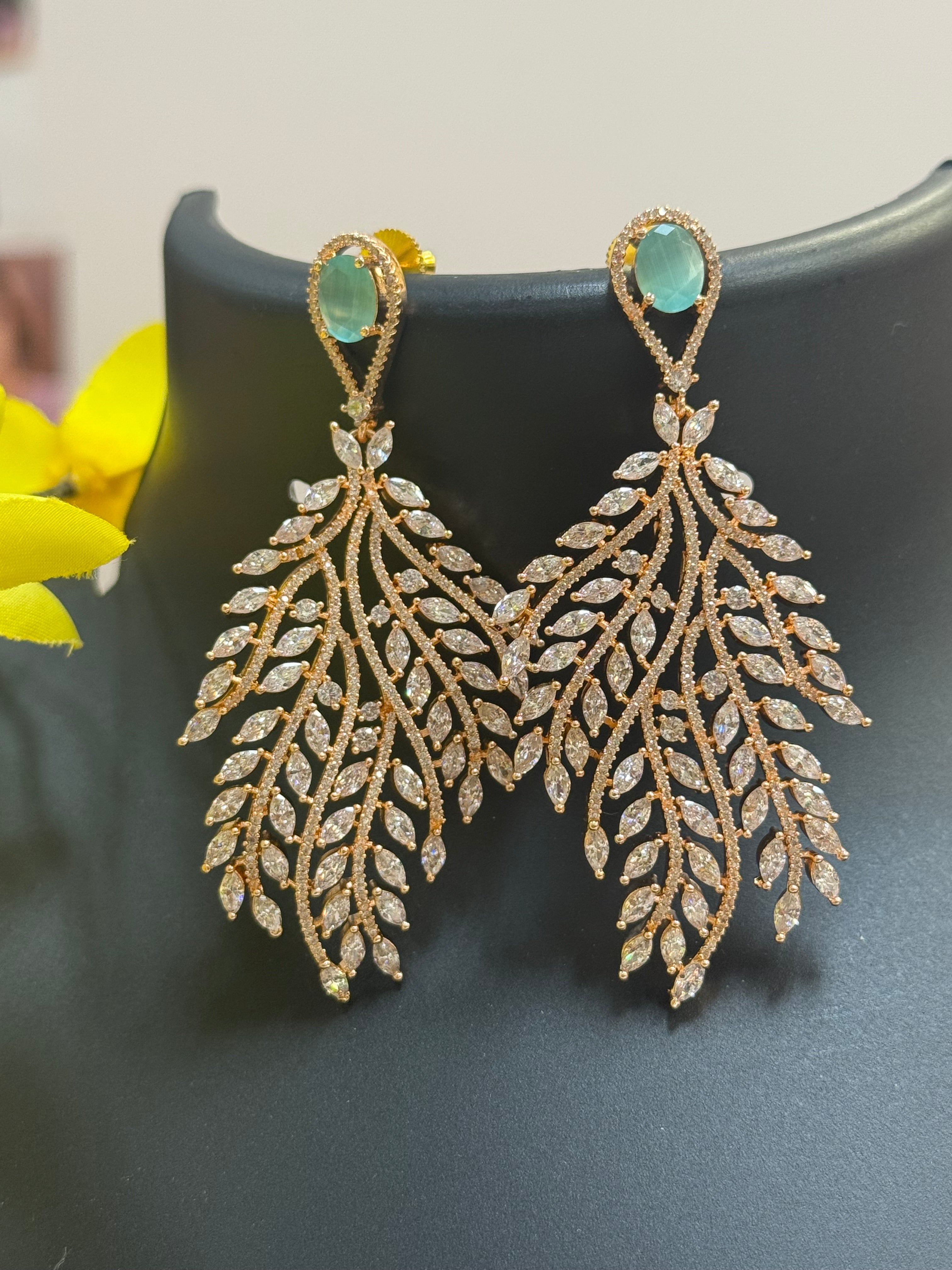 Party Wear Rose Gold Long Earrings - Mint Green Stone