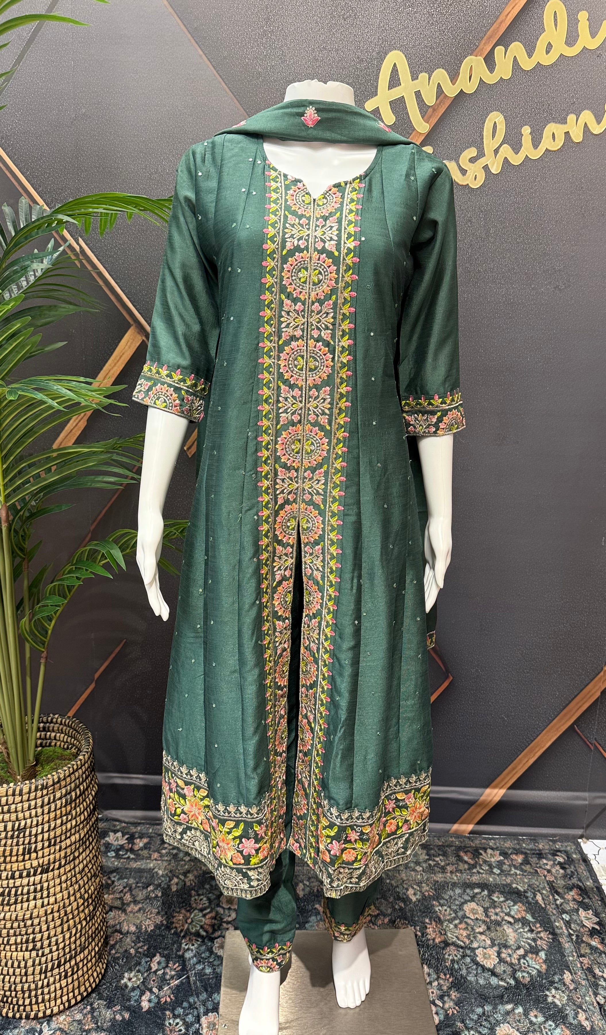 Teenage Girls-Dark Green- Anarkali Chudidhar/Kurti set