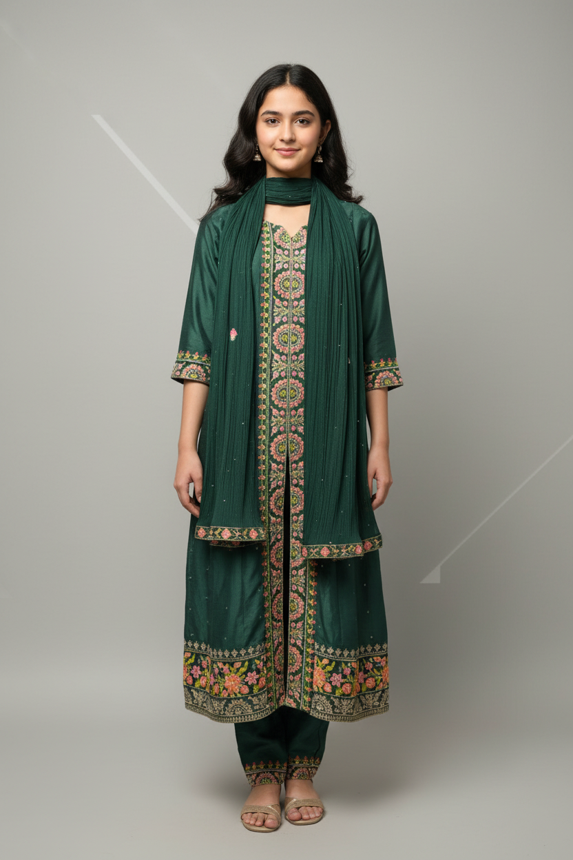 Teenage Girls Dark Green Embroidered Anarkali Churidar Set