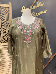 Plus Size Olive Green Party Wear Kurti Set Size 48 - H O Silk