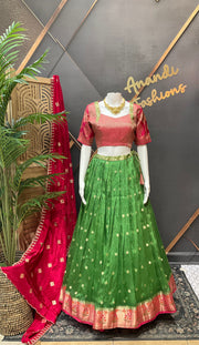 Green & Pink Benarasi Half Saree/Lehenga set