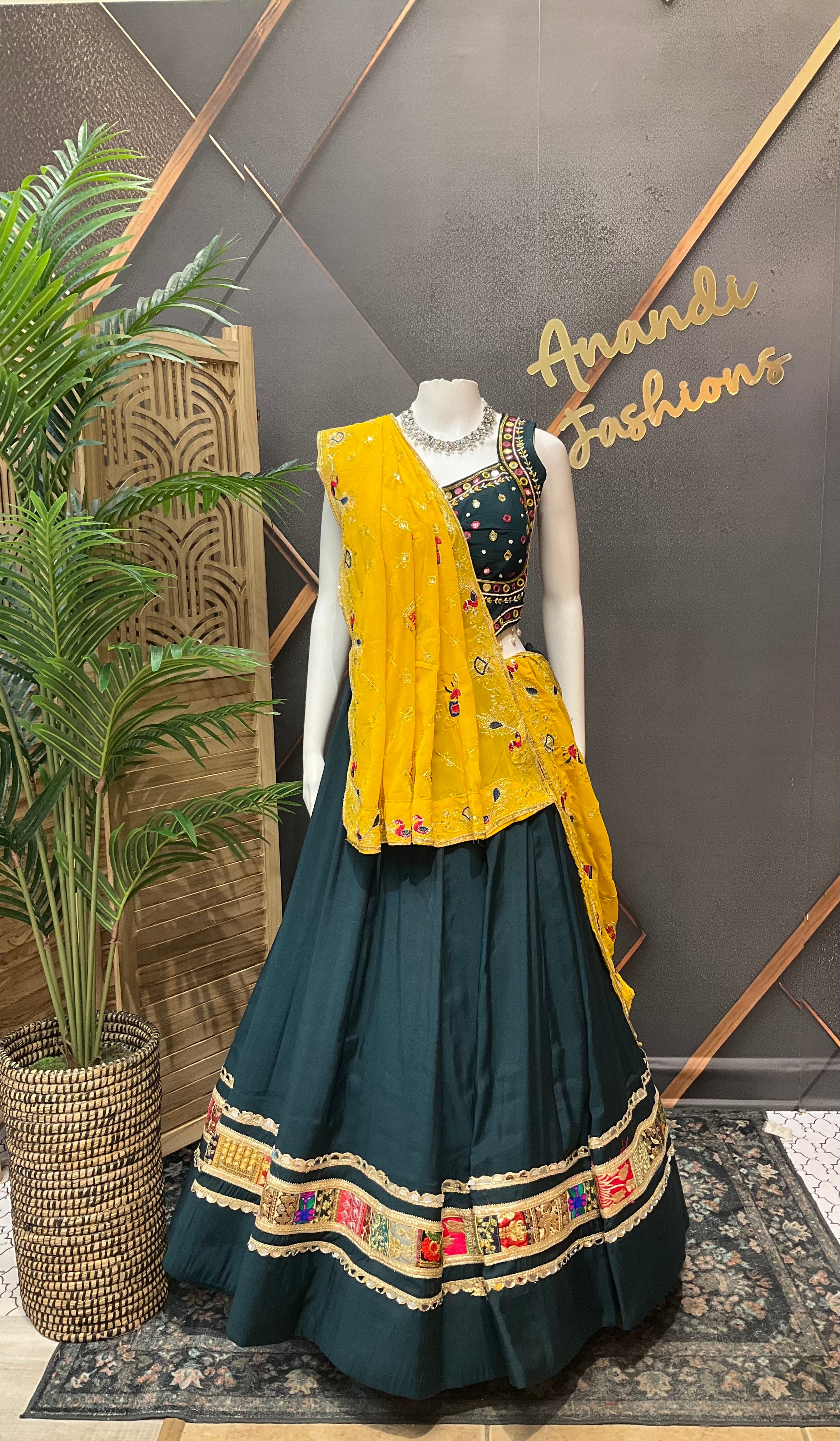 Teal Blue Garba Silk Chaniya Choli with Mirrors