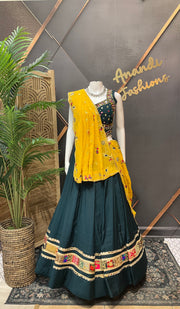 Teal Blue Garba Silk Chaniya Choli with Mirrors