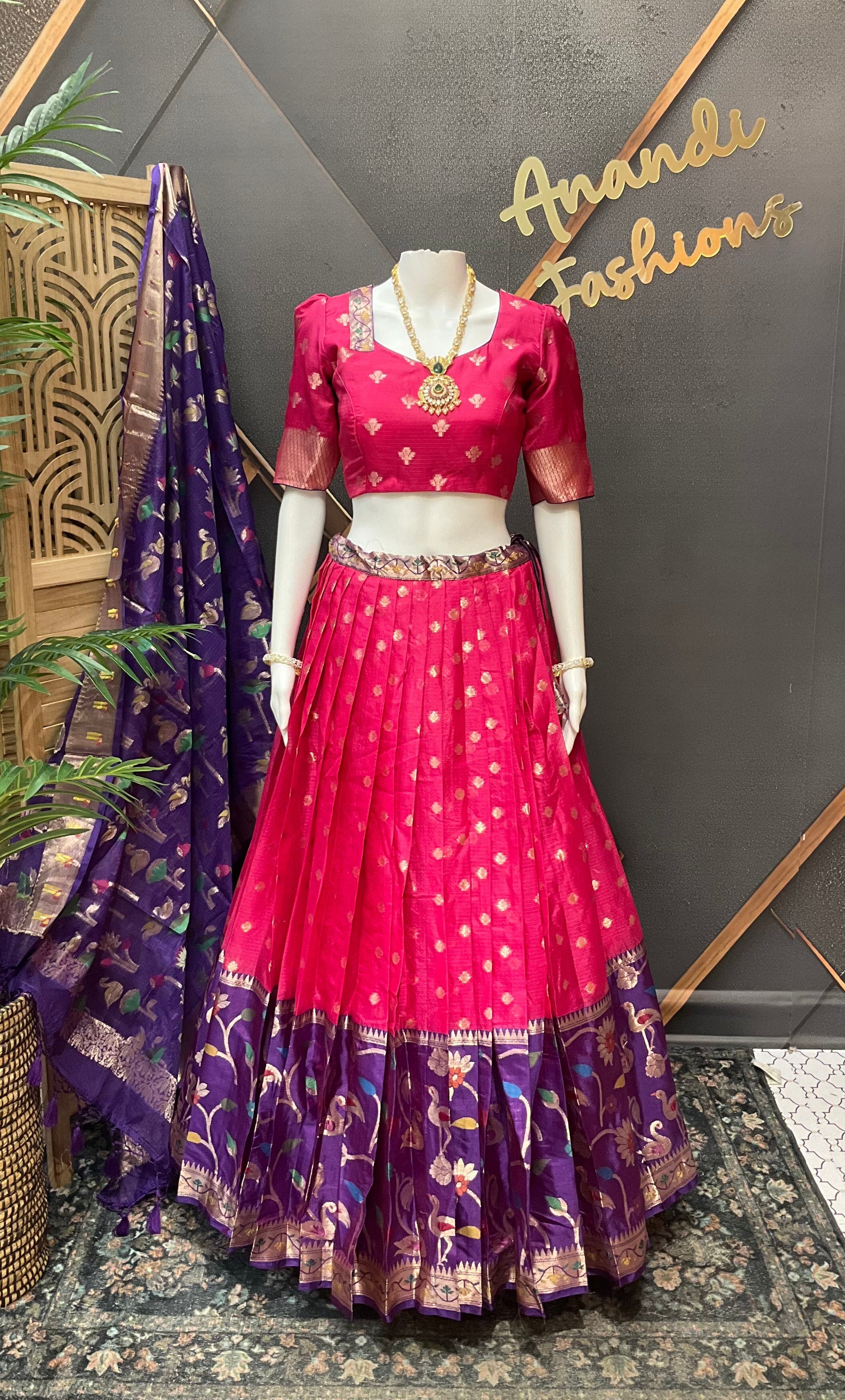 Pink & Purple Silk Kota Half Saree set