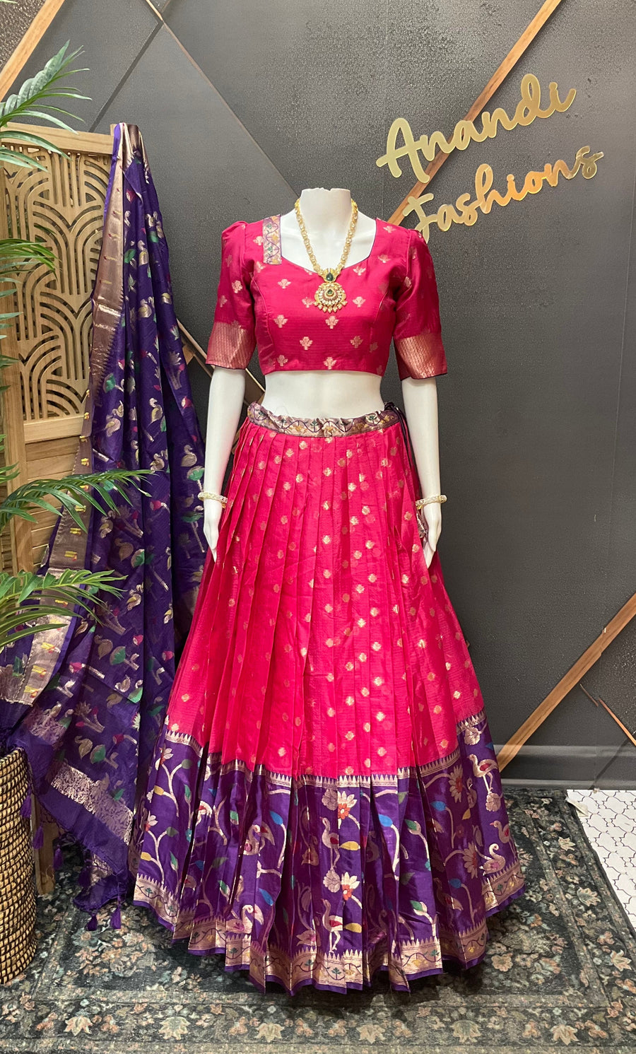 Pink & Purple Silk Kota Half Saree set