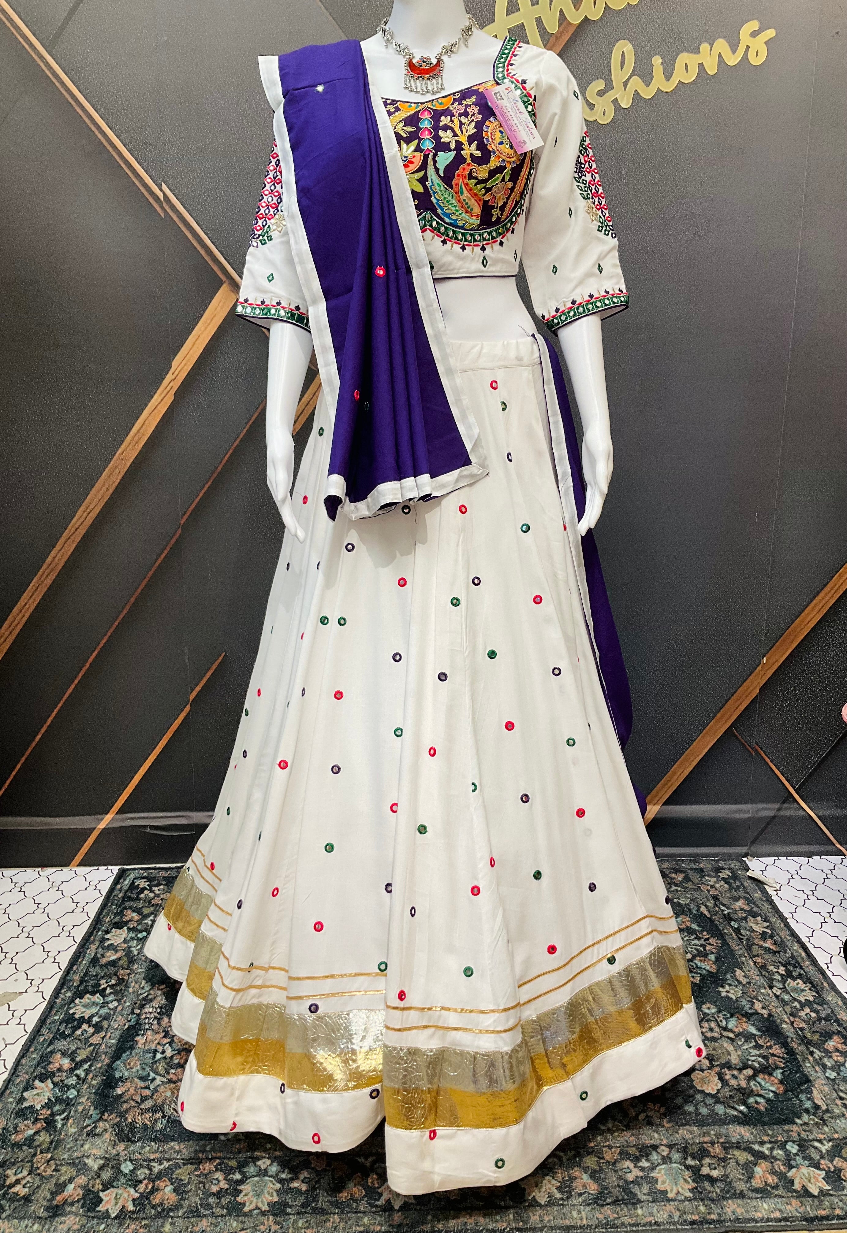 Garba Special White lehanga set with Kalamkari design on the blouse- Size 36(fits upto 44)