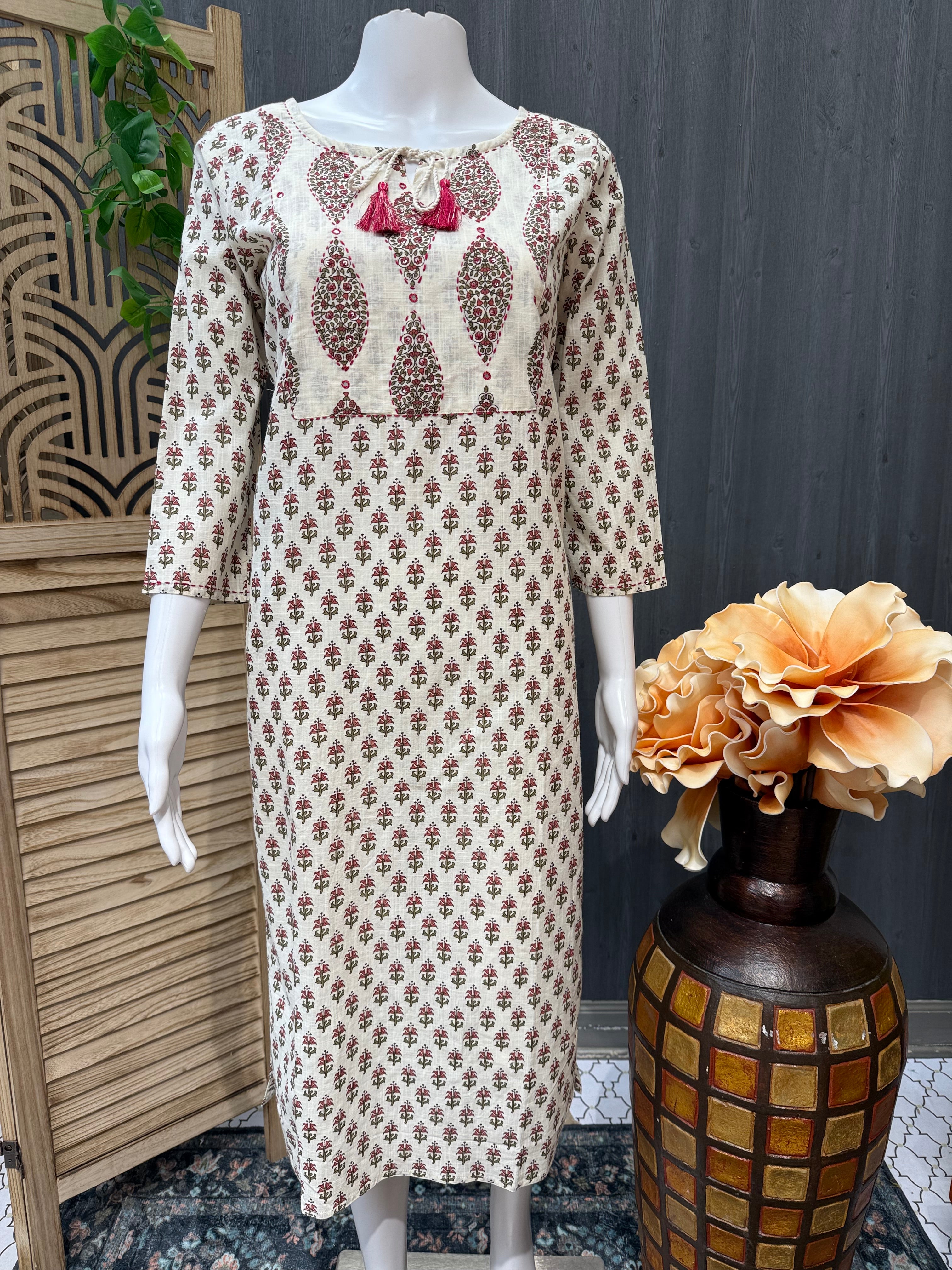 Half White- Pure Cotton Kurti with Pocket- Size 36