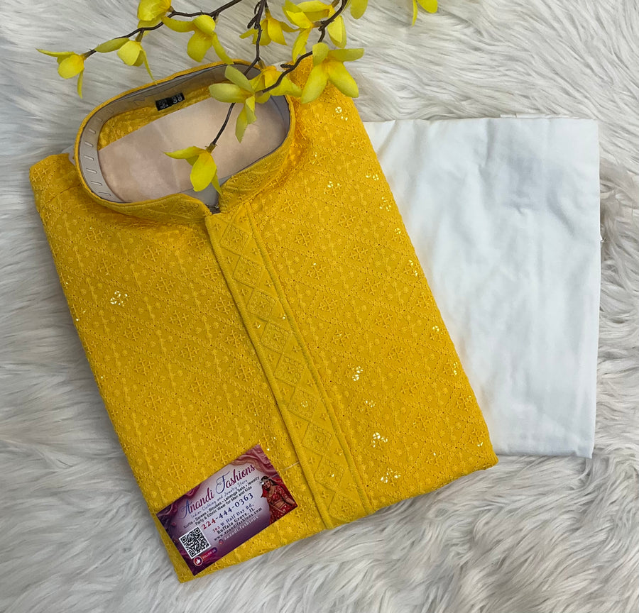 Men’s Yellow Chikankari Sequin Kurta Set