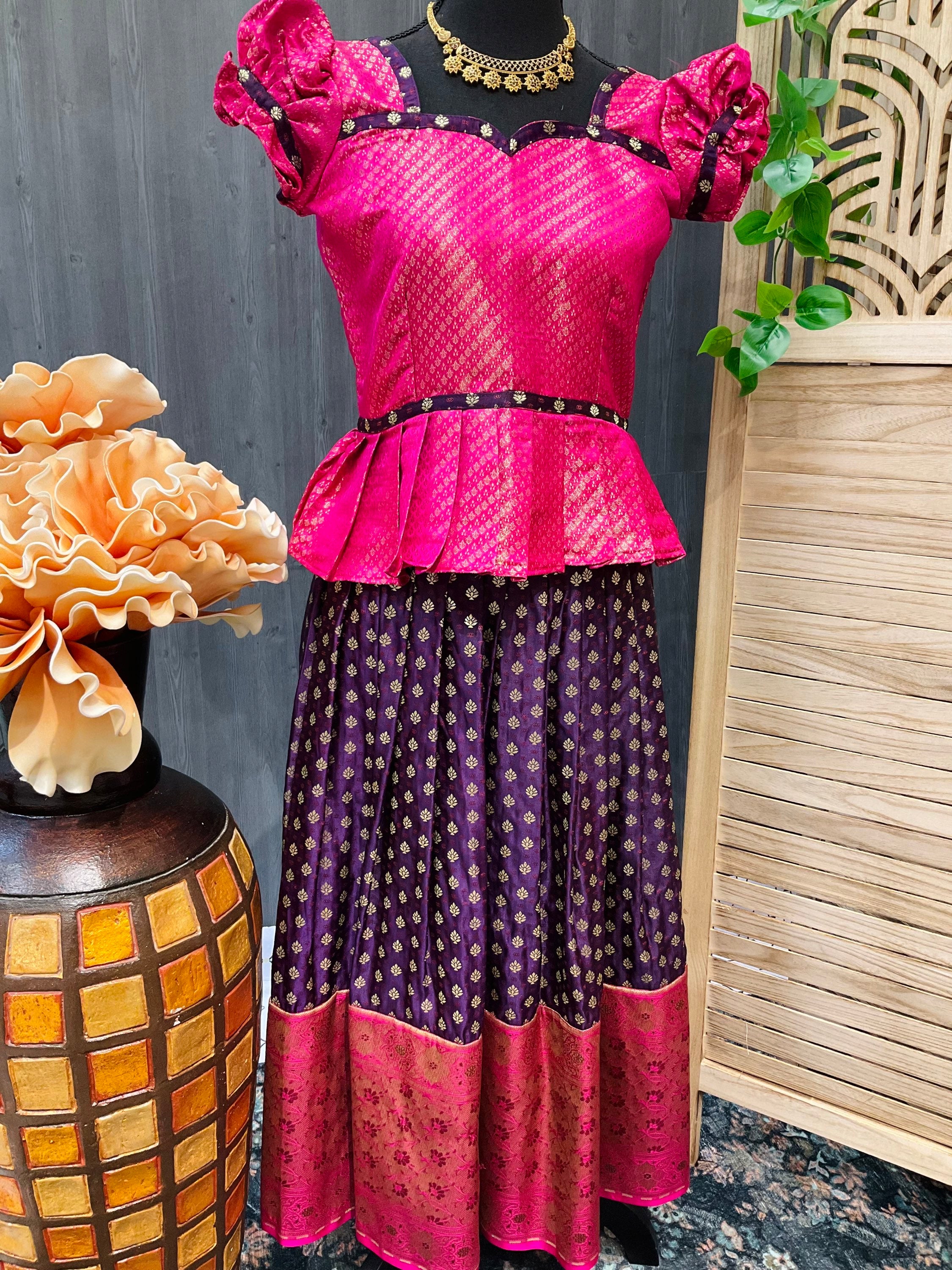 Pink - Purple Color South Indian Pattu Pavadai set- Size 30/32 image 3