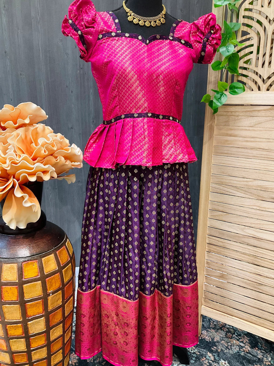 Pink - Purple Color South Indian Pattu Pavadai set- Size 30/32