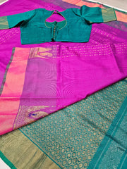 Uppada Pure Silk Saree with Stitched Green Blouse Size 38-42 - Parrot Green & Gold