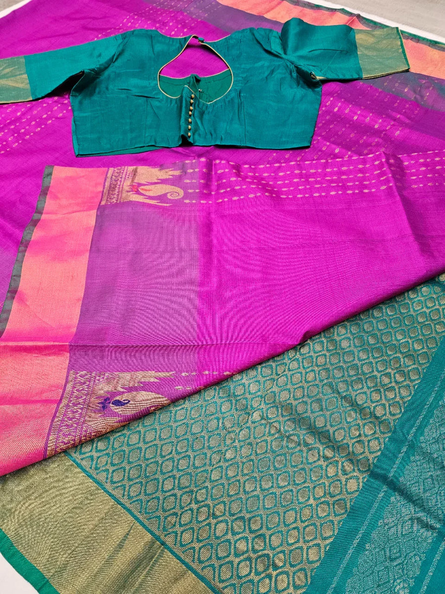 Uppada Pure Silk Saree with Stitched Green Blouse Size 38-42 - Parrot Green & Gold