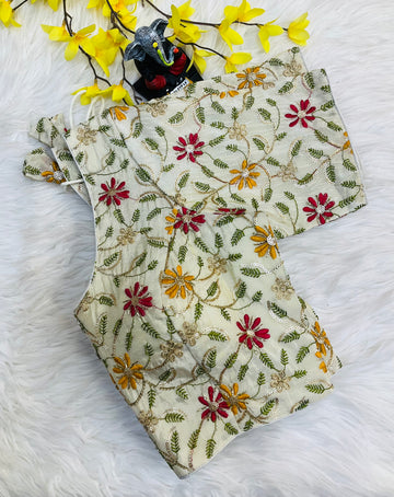 Front Opening - Half White Tissue Embroidery Work Blouse