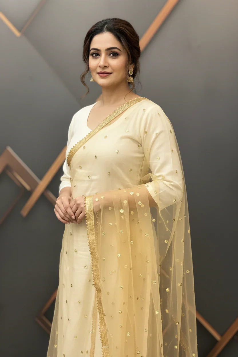 Woman wearing elegant cream Indian ethnic dress with golden embroidery and matching dupatta at Anandi Fashions