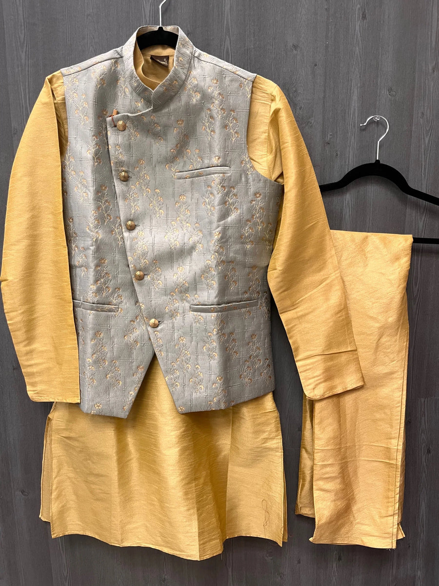 Kurta with Vest - Men's Yellow kurta Pajama set with vest