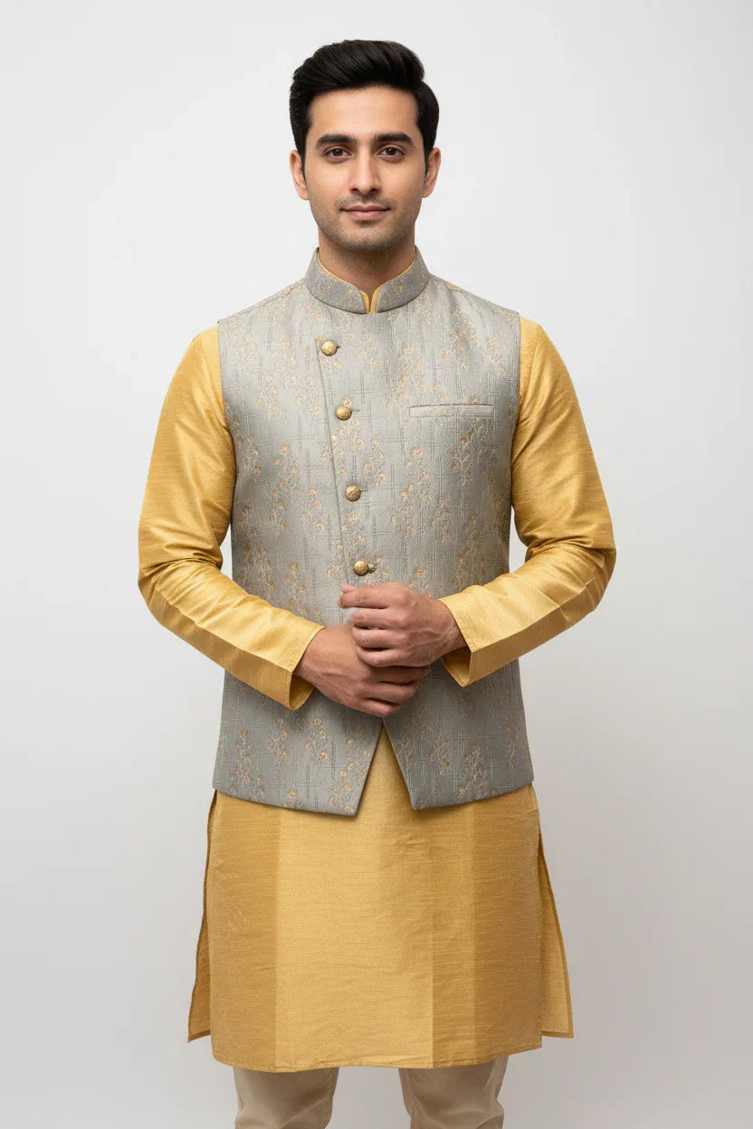Man wearing golden yellow kurta with silver gray floral embroidered Nehru jacket, Indian ethnic wear