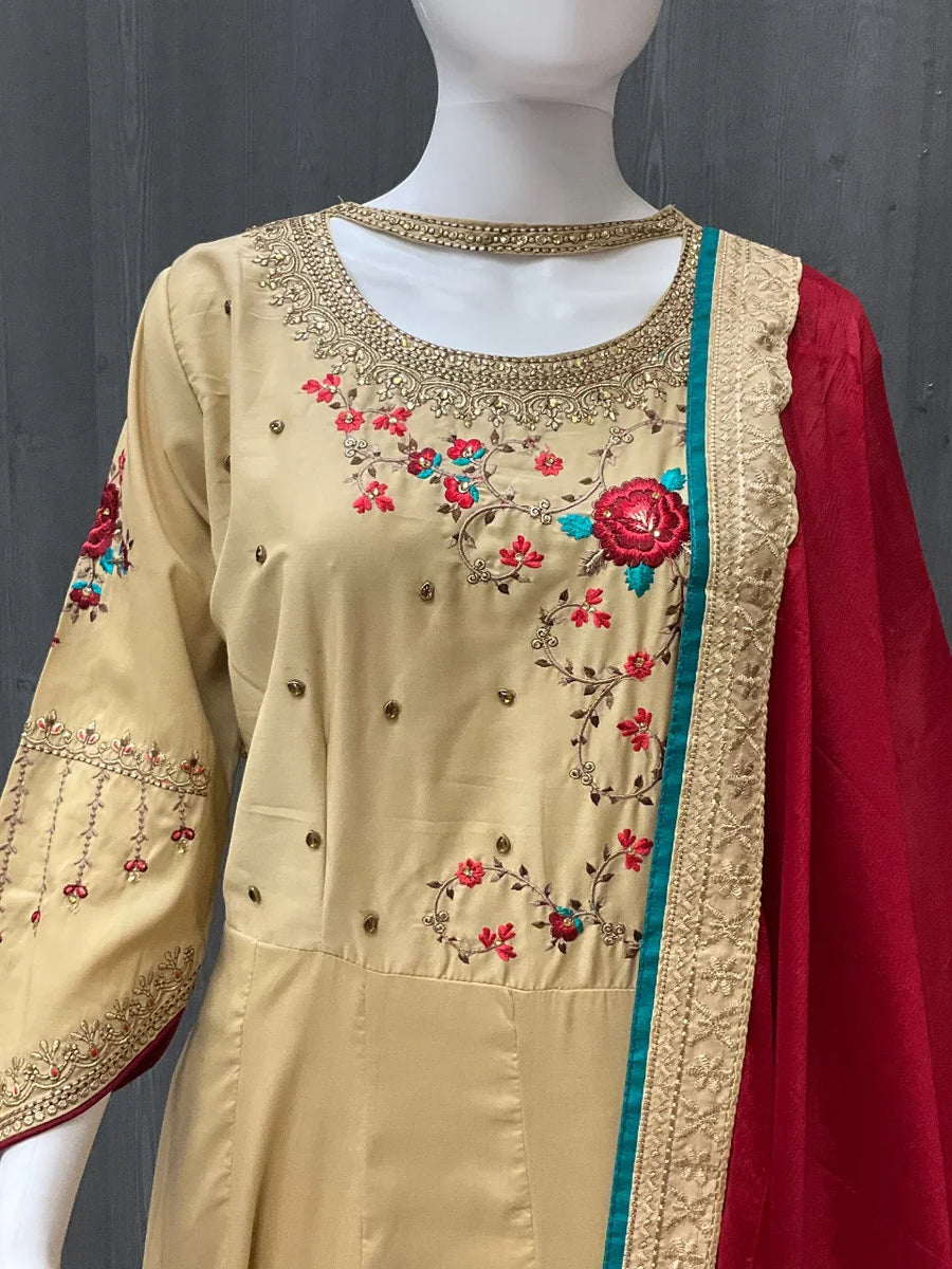 Party Wear Long Dress Size 42 - Embroidery Work with Satin Silk Dupatta