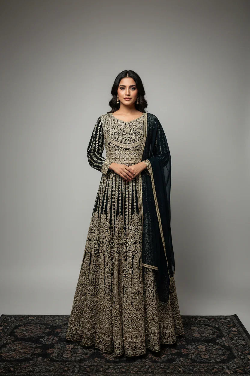 Heavy Party Wear Georgette Long Dress - Full Front & Back Work