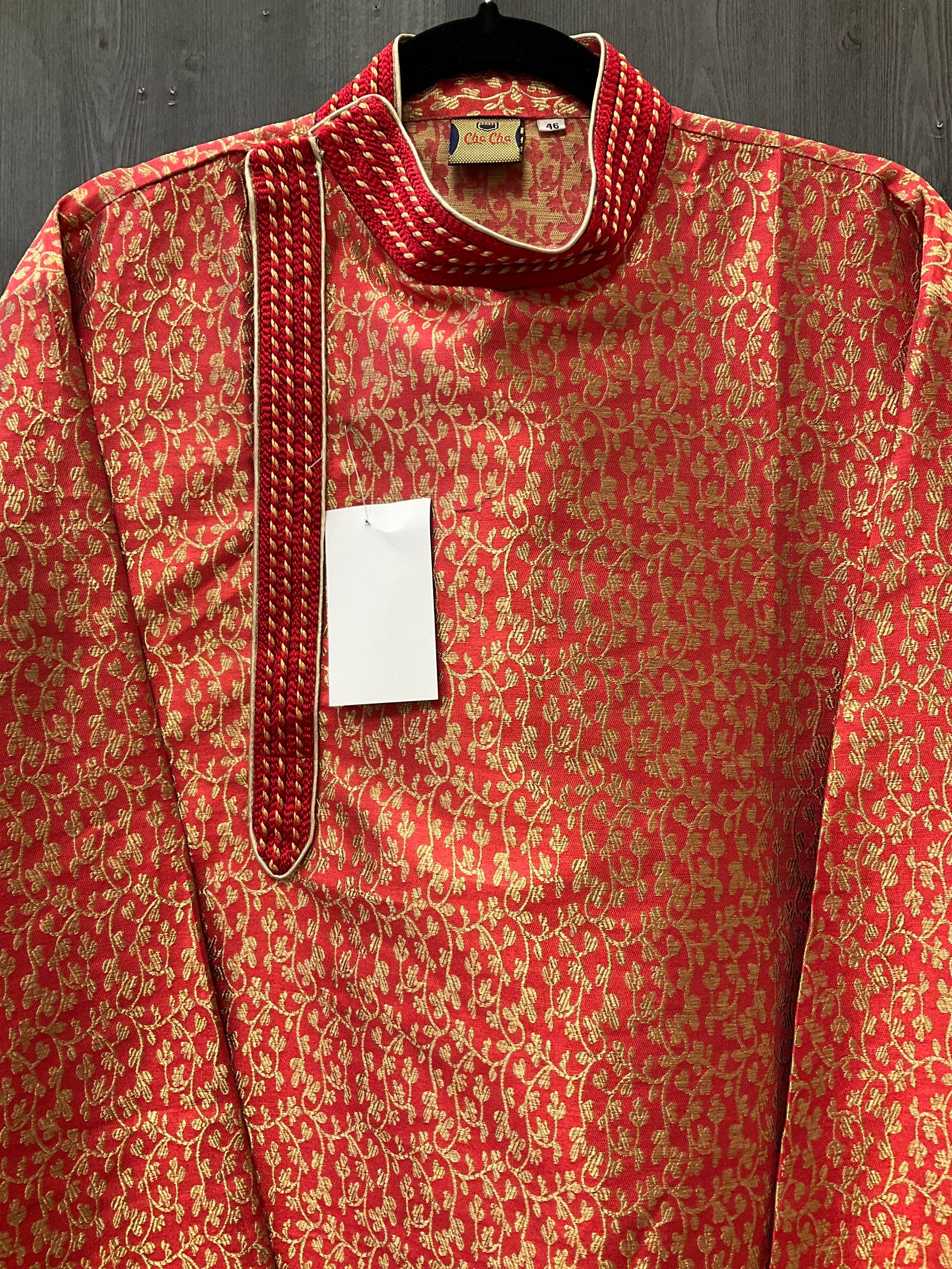 Men’s red kurta with pants in jacquard design image 1