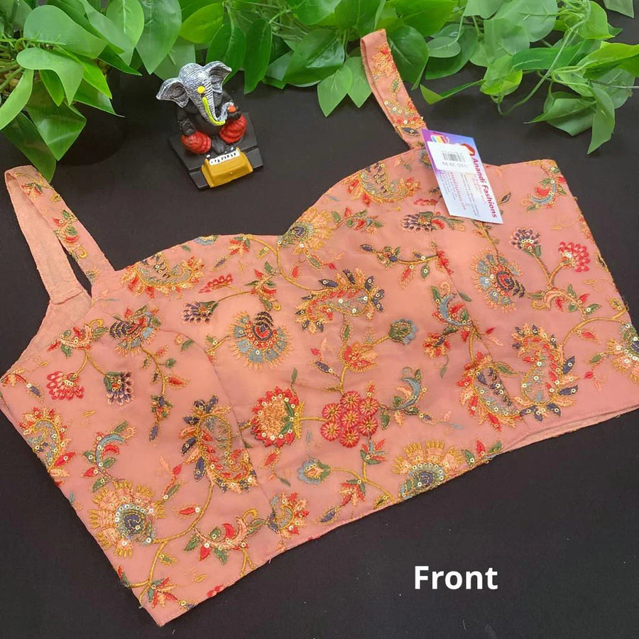 Sleeveless Blouses - Thin strap Peach Blouse with embroidery work