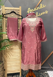 Plus Size Onion Pink Party Wear Kurti Set - H O Silk with Embroidery