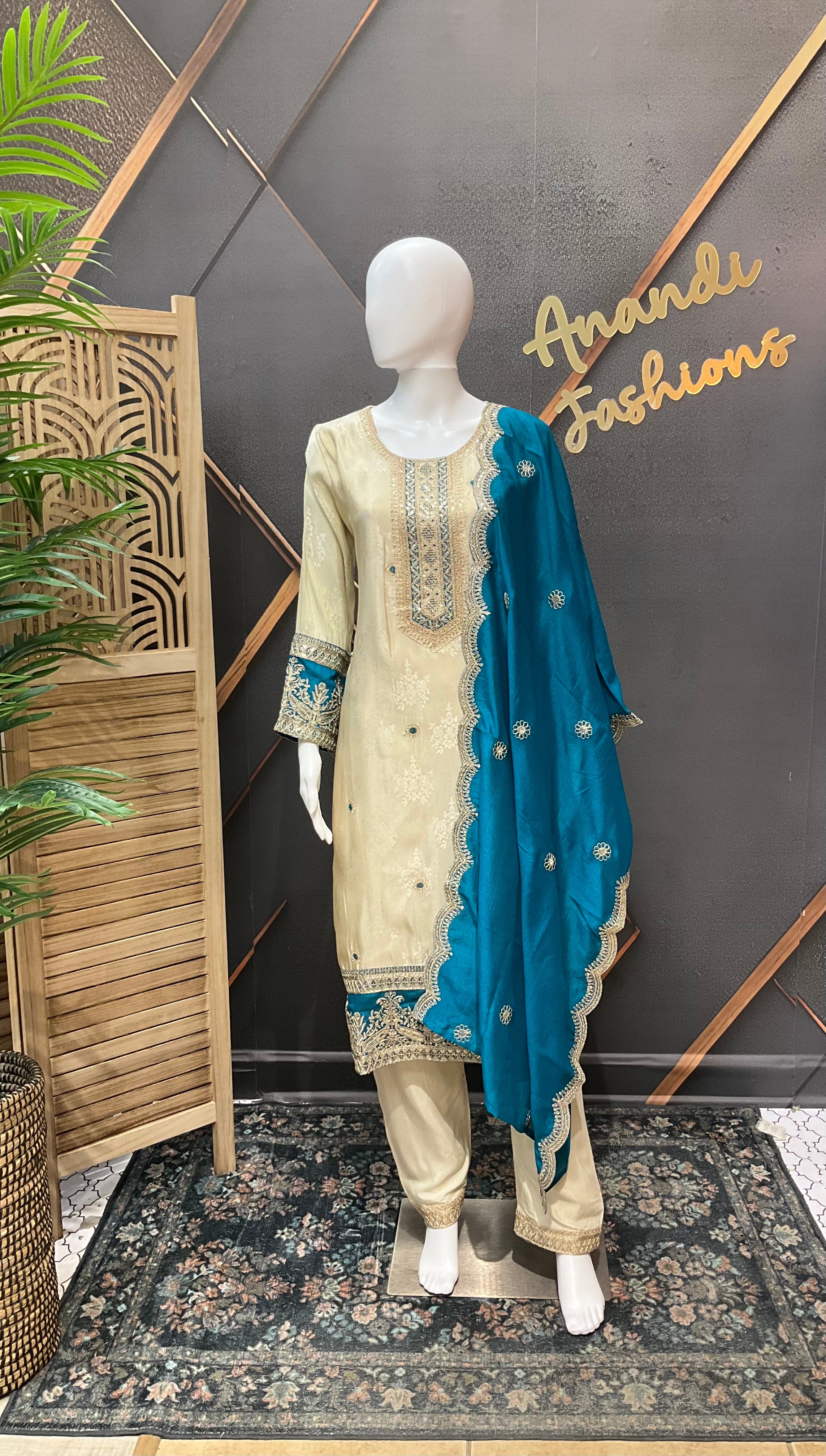 Half White & Blue Benarasi Kurti set