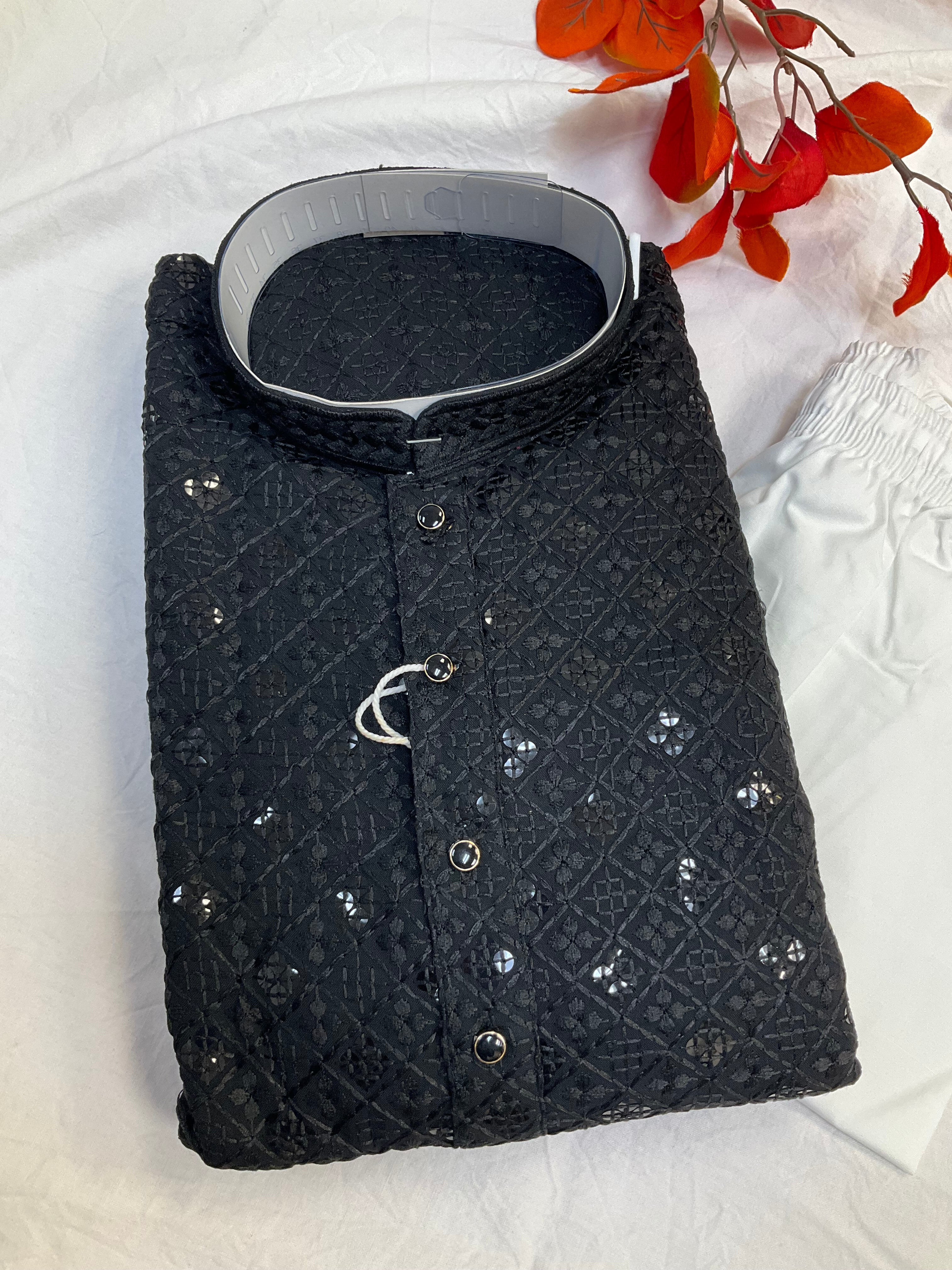 Men’s Black Rayon Chikankari Kurta Set