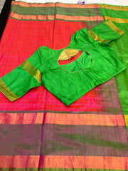 Pinkish Orange Premium Uppada Silk Checks Saree - Elegant Traditional